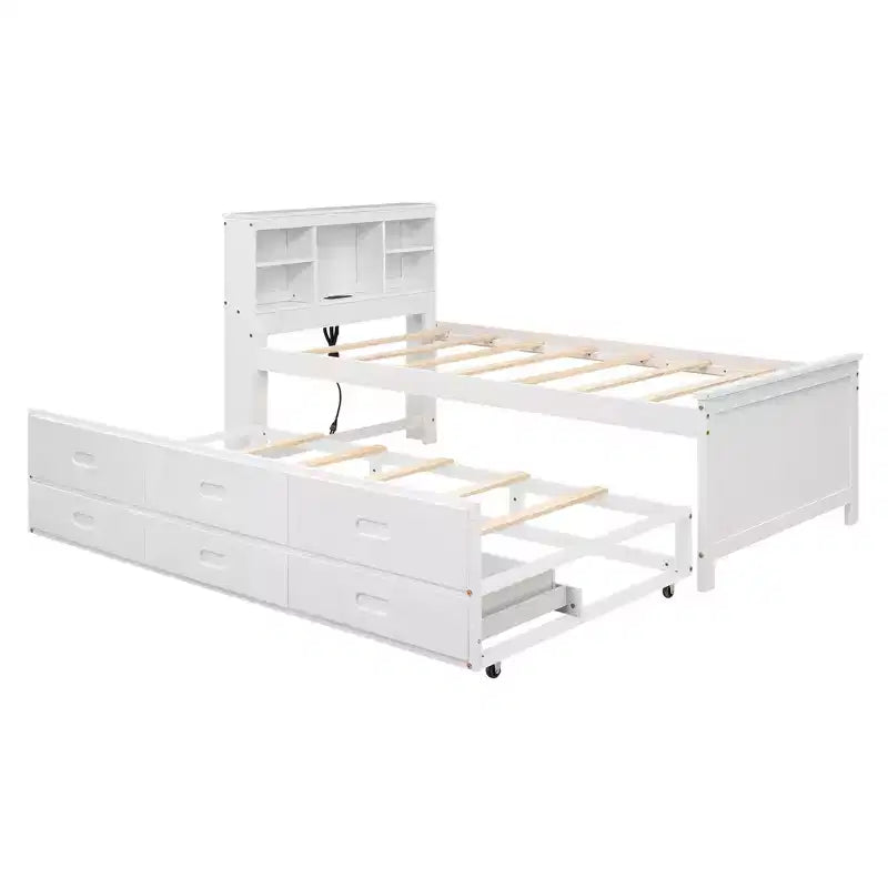 Platform Bed with Trundle and Drawers, Storage Platform Bed with USB, Wood Platform Bed with Bookcase