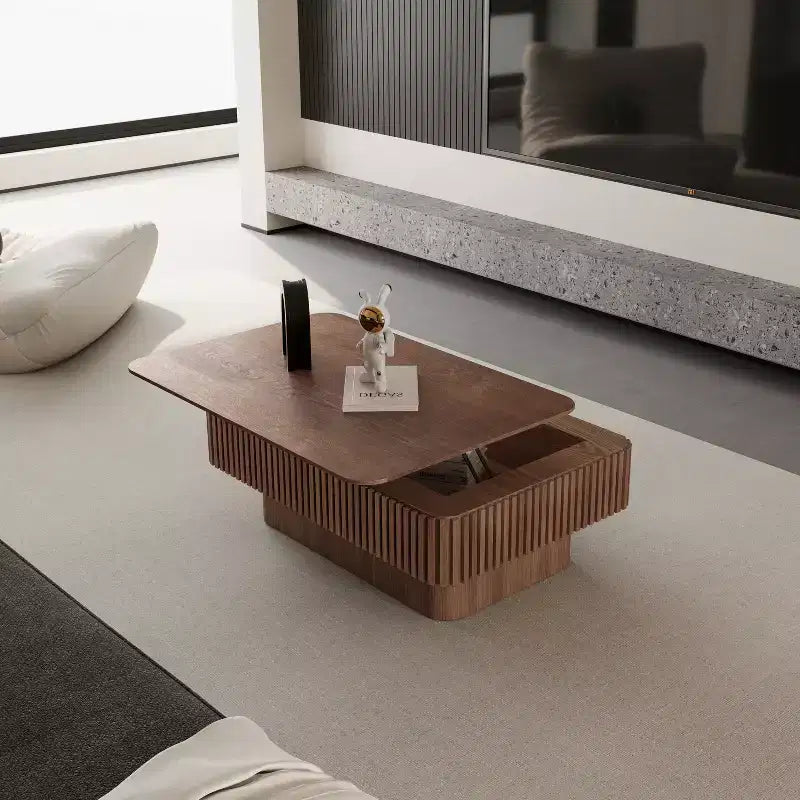 JVNOXK 38.6'' Fluted Lift-Top Coffee Table with Storage, Solid Wood Veneer Adjustable Height Modern Accent Table for Living Room, Bedroom, Walnut