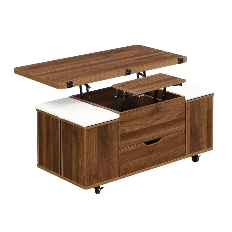 Multi-Function Modern Lift-Top Coffee Table with Hidden Storage, 4 Stools and Casters, Perfect for Modern Living Spaces