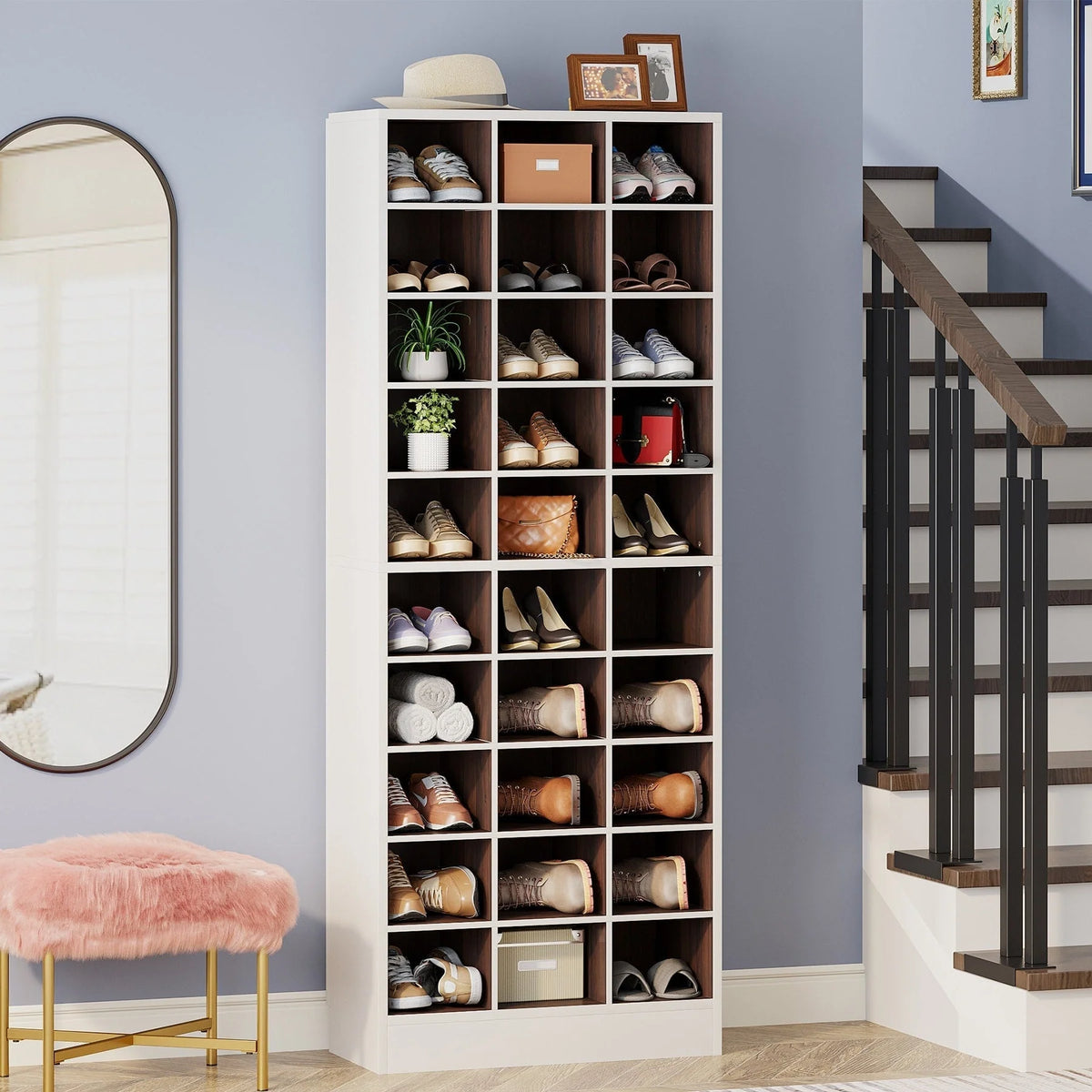 30 Pairs Tall Shoe Cabinet, 10 Tiers White Wooden Shoe Storage Rack for Closet, Entryway - 10-tier