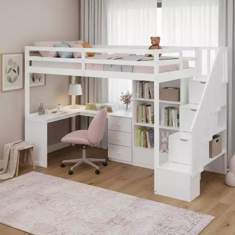 Twin Size Loft Bed with L-Shaped Desk, 3 Drawers, Cabinet, Staircase Storage, Solid Pine/MDF Build