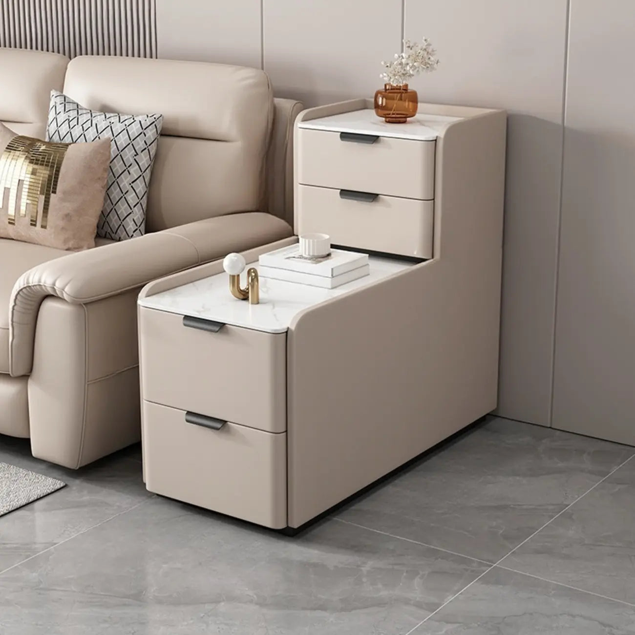 Tall 4-Drawer Stone Top Wooden L-Shaped Sofa End Table