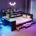 Full/Queen Gaming Daybed with Bookcase Headboard, LED Lights, Integrated Desk, Drawers and Charging Station