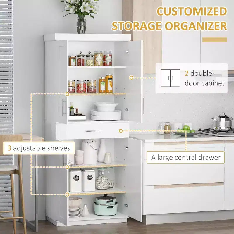 Modern Kitchen Pantry Freestanding Cabinet Cupboard with Doors and Drawer, Adjustable Shelving