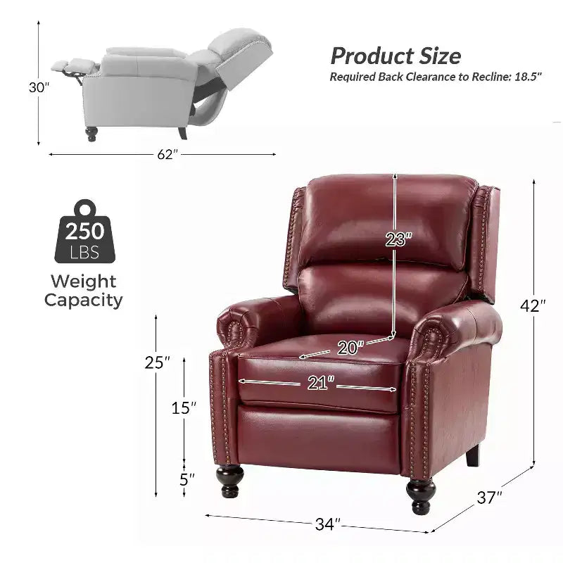 Set of 2 Elisabete Modern Wingback Genuine Leather Recliner with Vintage Nail Head Trim for Living Room and Bedroom| ART OF LIVING DESIGNS