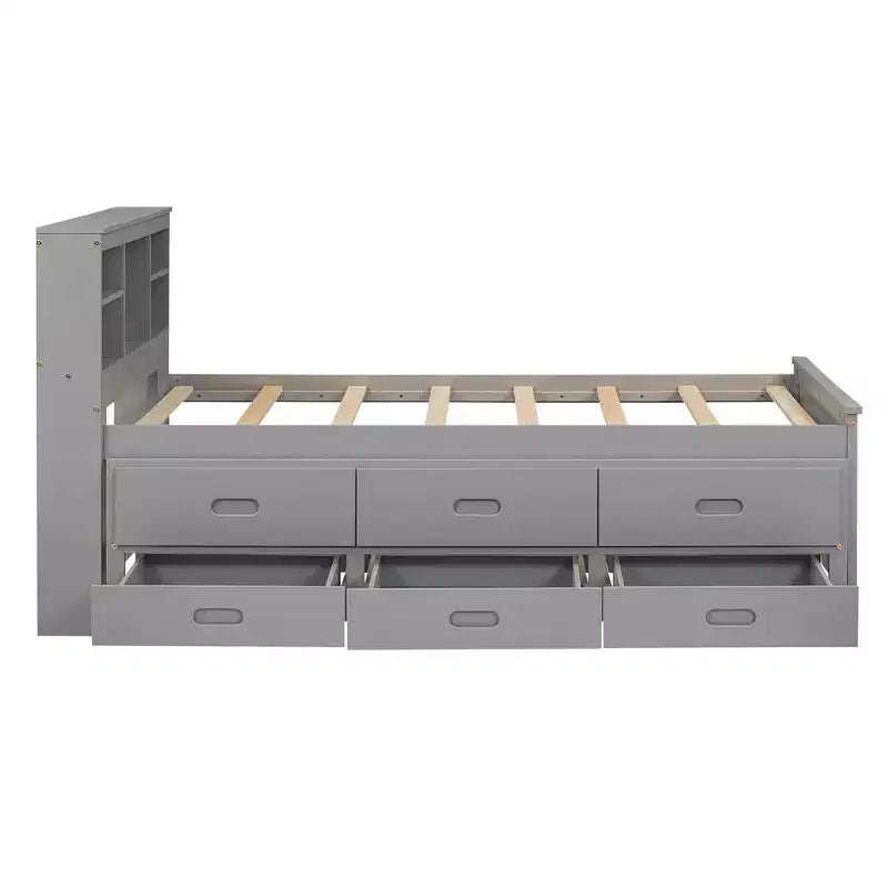 Platform Bed with Trundle and Drawers, Storage Platform Bed with USB, Wood Platform Bed with Bookcase
