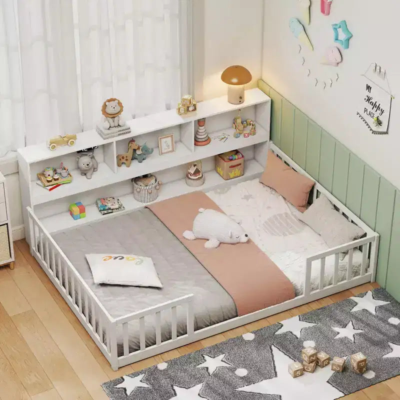 Twin/Full Size Montessori Floor Bed with Bookcase Storage Shelves & Safety Fence Rails White/Gray