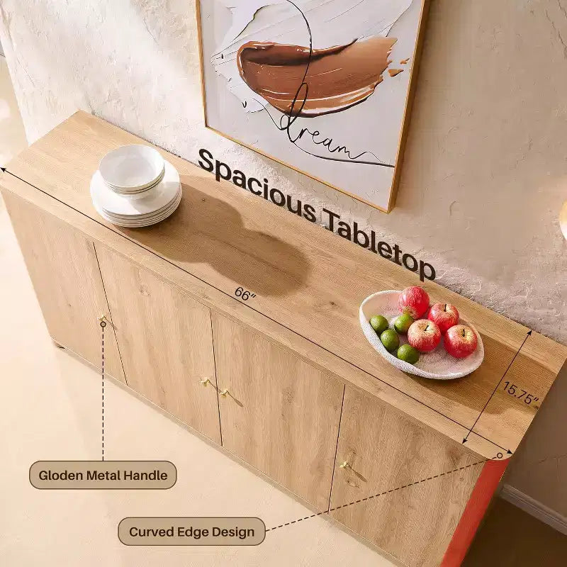 Buffet de cuisine avec 4 portes et étagères, grand buffet de rangement moderne, buffet de rangement de 66 po pour bar à café
