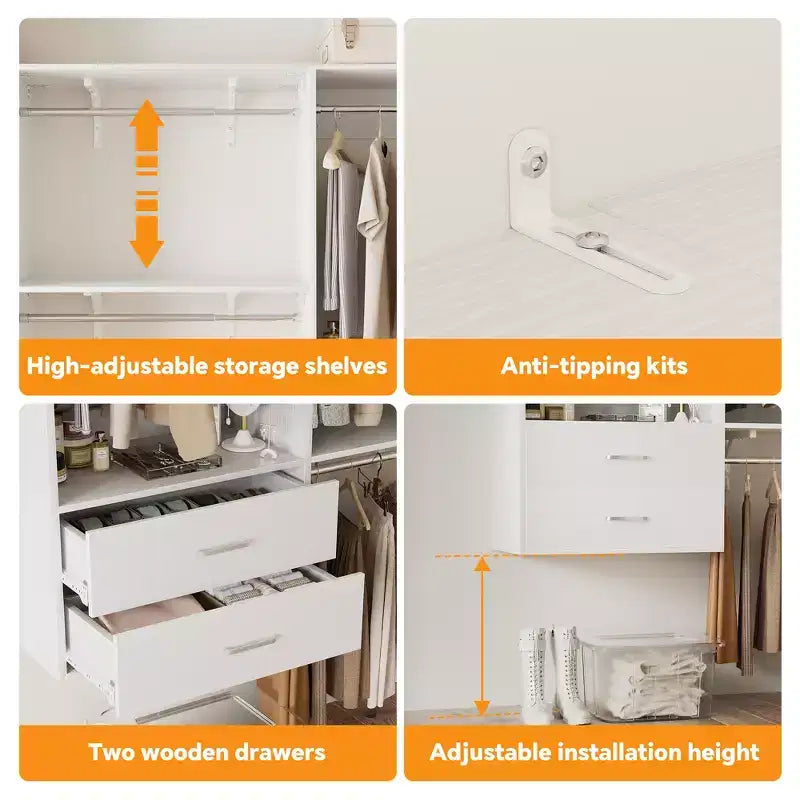 Freestanding Closet System with 8 Hannging Rods and Drawers, Hanging Closet Organizer with 10 Shelves