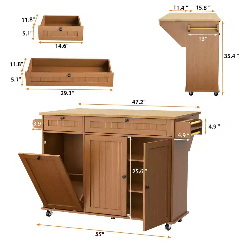 55 Mobile Island Table with Power Outlet & Drop Leaf, Kitchen Rolling Island Kitchen Island Cart with Trash Storage Cabinet for Kitchen