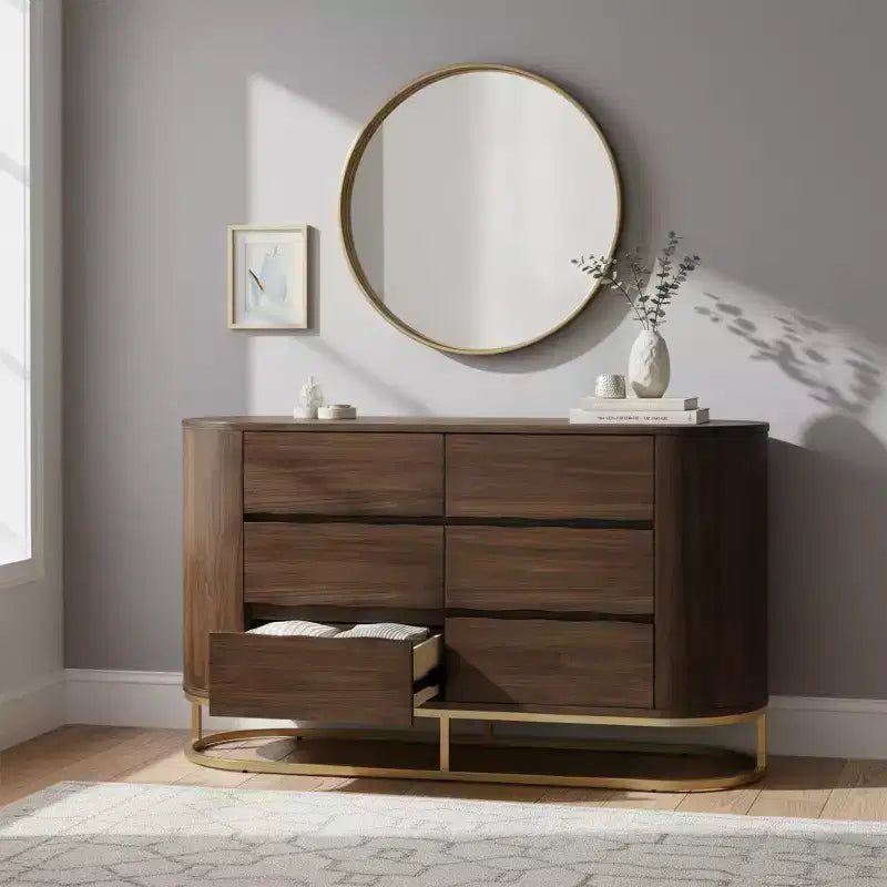 Modern 6-Drawer Dresser with Live Edge Design, Metal Base & Durable Mixed Wood Construction