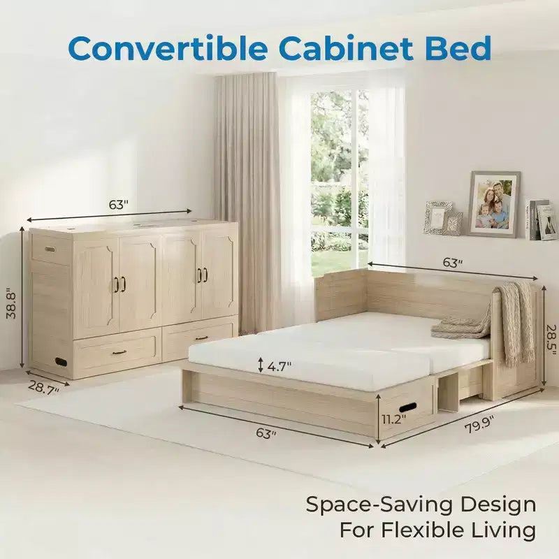 Mjkone Queen Size Convertible Murphy Cabinet Bed with USB Charging, Storage Drawers,No Mattress Included