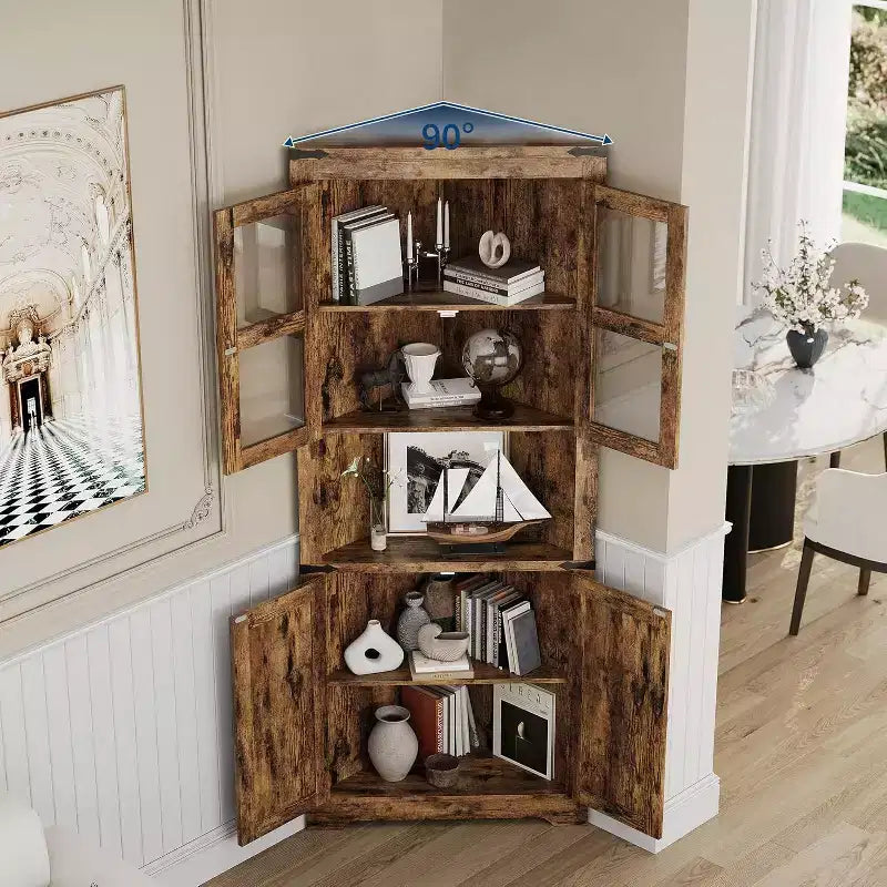 69 Tall Corner Cabinet, Farmhouse Corner Storage Cabinet, Space Saving Storage, Glass Door, Adjustable Shelves, for Living Room, Kitchen