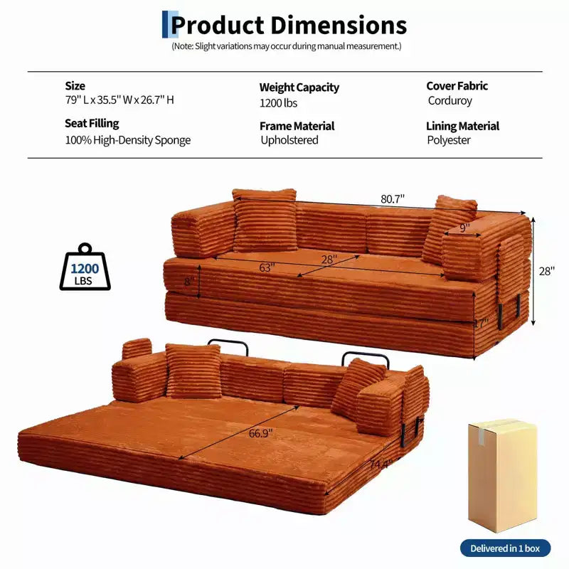 Canapé-lit convertible 5-en-1 80,7 po – Velours côtelé, 1200 lb, Aucun assemblage