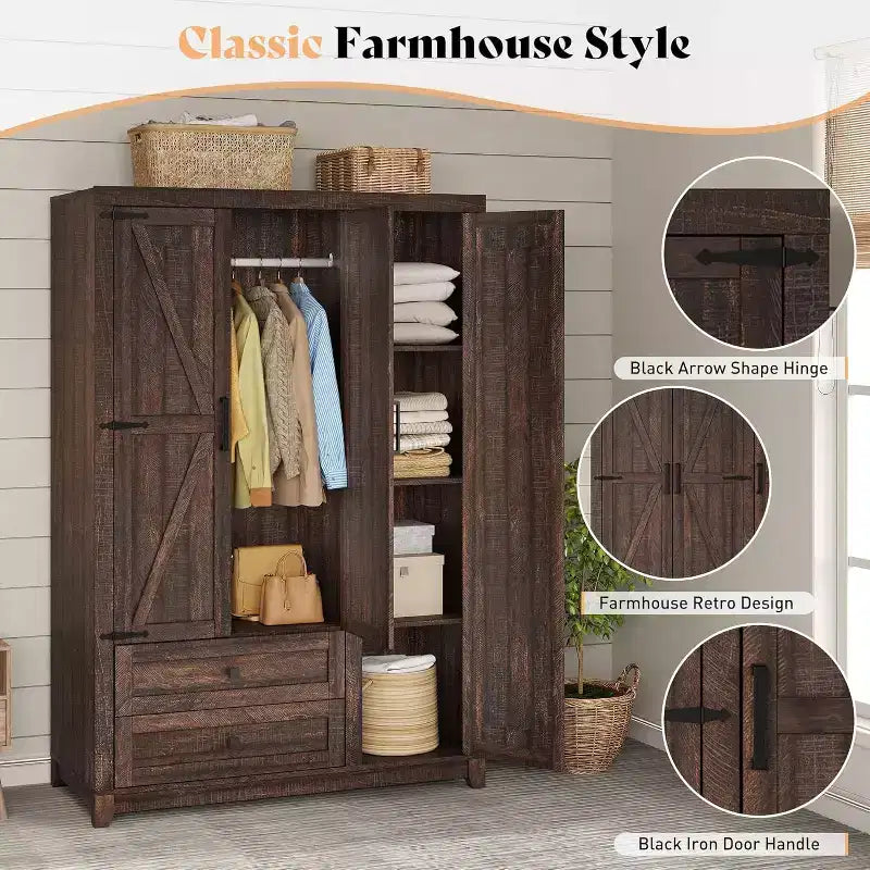 AMERLIFE 47 Farmhouse Wardrobe Armoire with 3 Doors, 2 Drawers, Hanging Rod & Adjustable Shelves, Freestanding Closet Organizer