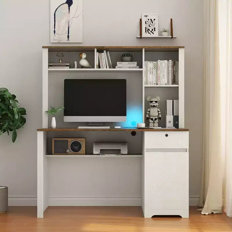 Bureau informatique moderne de 130 cm avec huche et étagère, bureau avec grand rangement, bureau d'écriture pour l'étude, salle de lecture