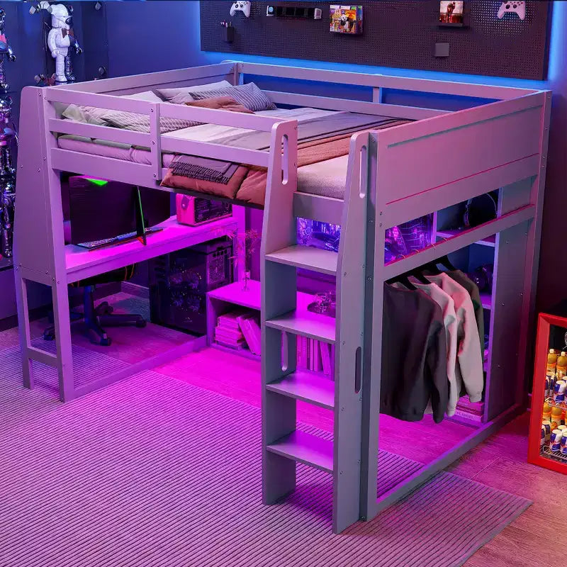 Whisen Wood Twin Size Gaming Loft Bed with Desk, Multi-storage Shelves, LED and a Hanging Clothes Rack