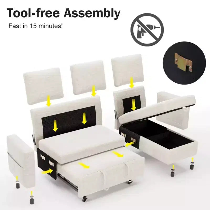 2-in-1 Pull Out Sleeper Sofa with Storage Chaise, Chenille Sectional Couch with USB Ports for Living Room