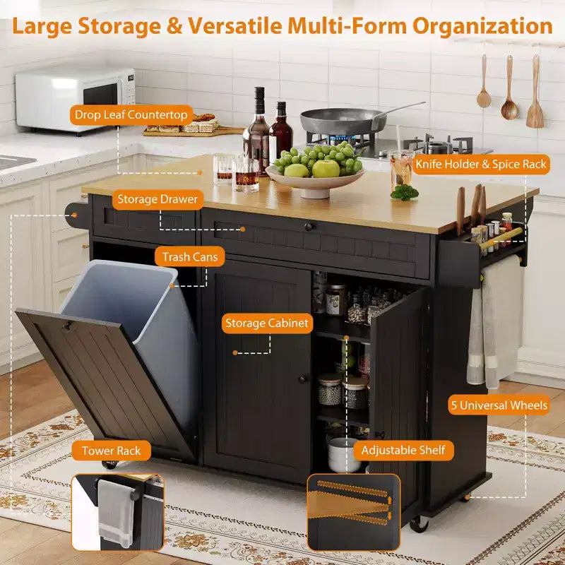55 Mobile Island Table with Power Outlet & Drop Leaf, Kitchen Rolling Island Kitchen Island Cart with Trash Storage Cabinet for Kitchen