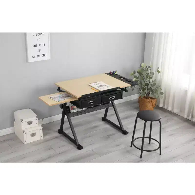 Height Adjustable Drafting Table, 0-75 Tilting Drawing Table Art Desk for Adults, Artist Desk with 2 Storage Drawers, with Stool