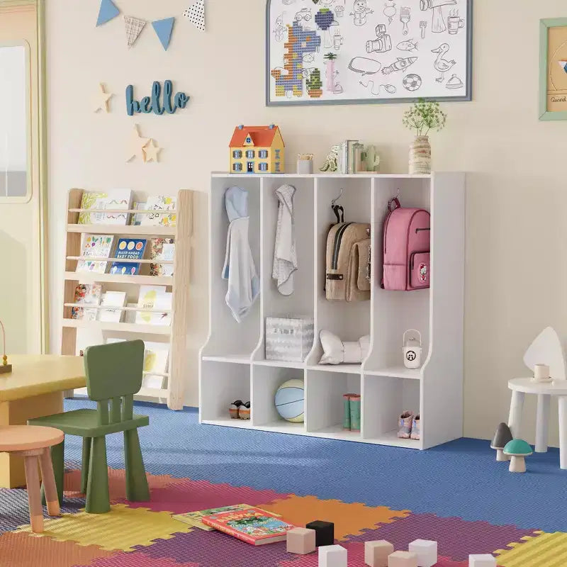 Brown/White 4-Section Cubby Locker with 8 Hooks, for Kids