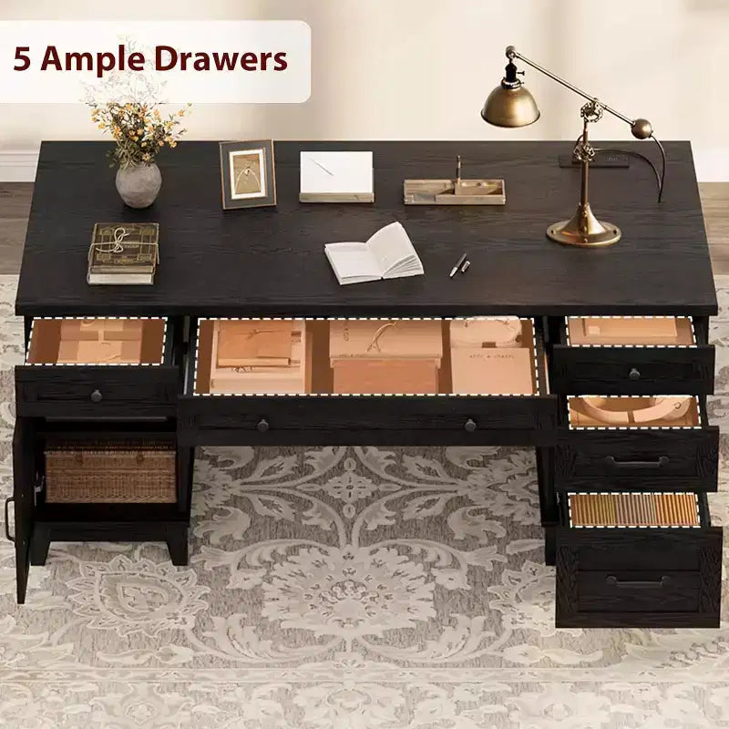 60 Executive Desk with Drawers, Home Office Desk with Charging Station, Wooden Computer Writing Desk for Study, Conference Table for Living Room