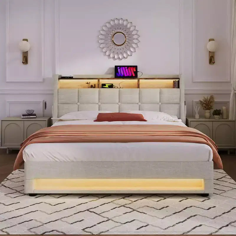 Lit Queen avec rangement hydraulique, LED, USB, tête de lit rembourrée, sans sommier, assemblage facile