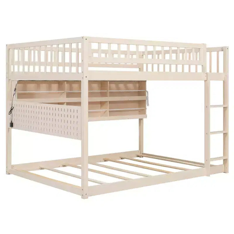 Luxystar Full Over Full Modern Low Bunk Bed With Storage Lighted Shelves And Pegboard