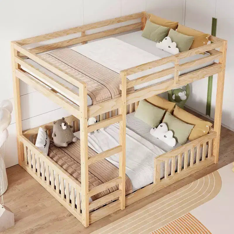 Full over Full Wooden Bunk Bed with Ladder and Guardrails, Low Floor Full Size Bunk Beds with Slats Support