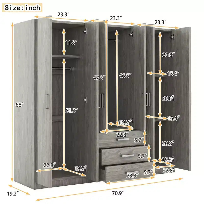 6-Door Wooden Wardrobe with Drawers for Bedroom