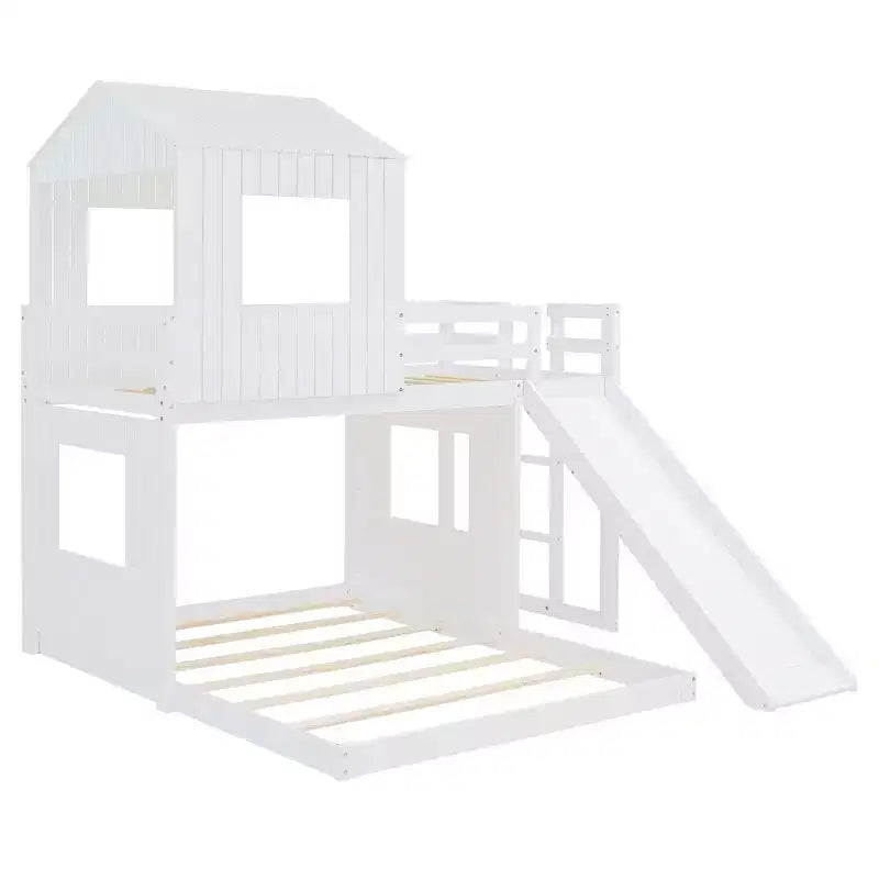 Luxystar Twin Over Full Wood Bunk Bed with Playhouse, Slide and Guardrails