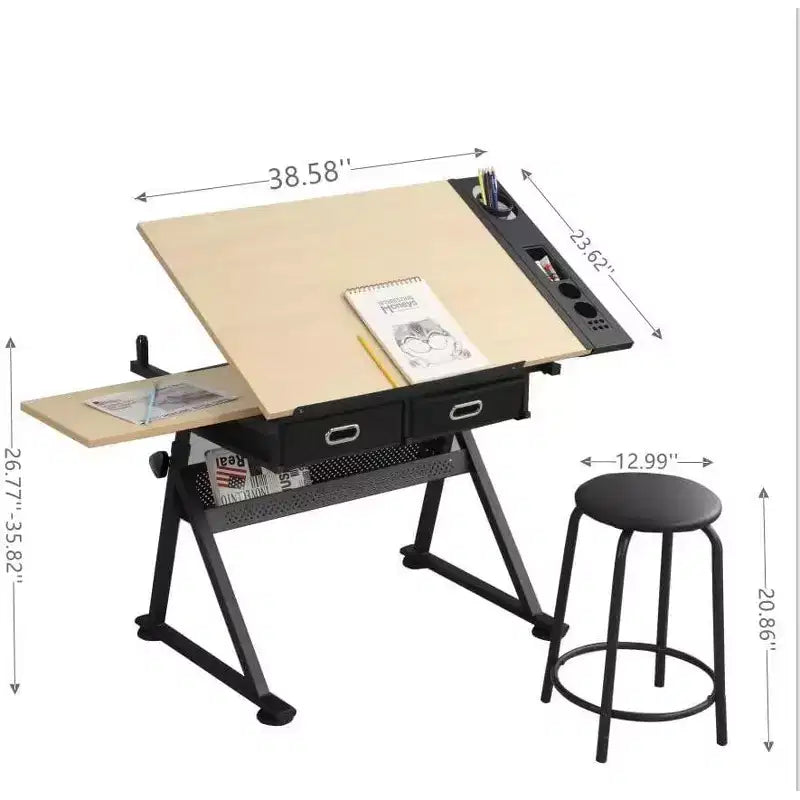 Height Adjustable Drafting Table, 0-75 Tilting Drawing Table Art Desk for Adults, Artist Desk with 2 Storage Drawers, with Stool