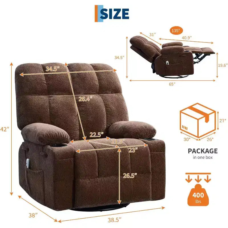 Oversized Recliner Chair for Adults, Manual Swivel Rocker Sofa, Side Pockets & Cup Holders for Big and Tall Persons, Living Room