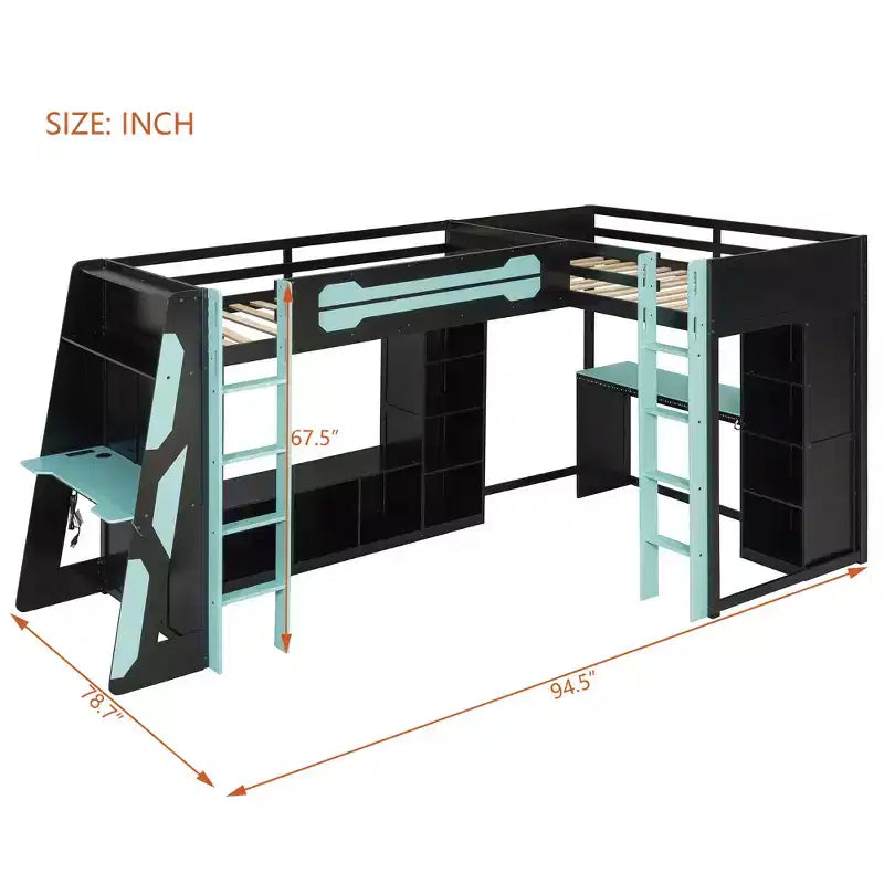 L-Shaped Gaming Loft Bed with Desks, Double Twin Loft Beds with LED Lights, USB Ports, Storage Bookshelves, Wood Corner Loft Bed for 2