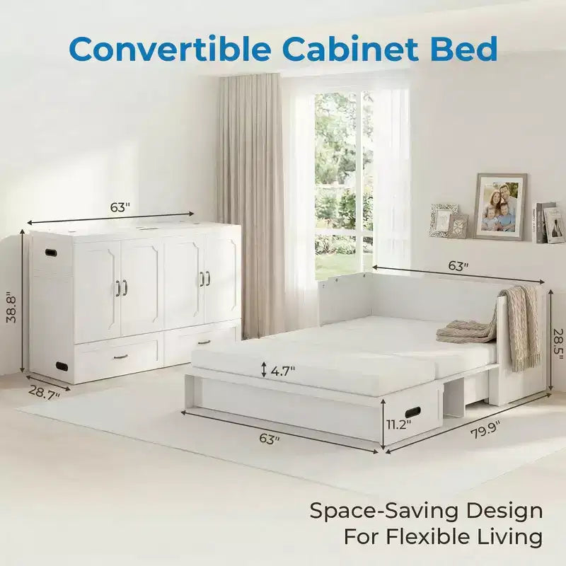 Mjkone Queen Size Convertible Murphy Cabinet Bed with Mattress, USB Charging, Storage Drawers