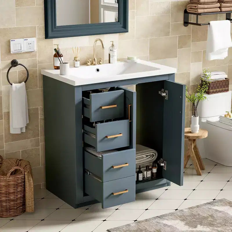 Meuble-lavabo de salle de bain à évier simple de 76 cm avec armoire et 3 tiroirs – Noir / Bleu / Vert / Indigo / Blanc