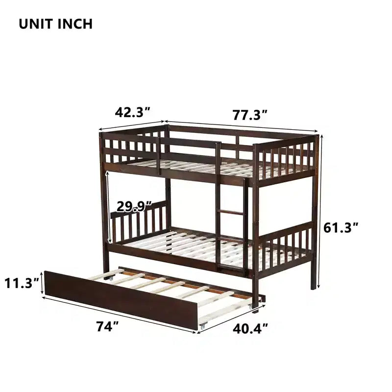 Twin Over Twin Modern Wood Bunk Bed with Trundle, Convertible into 2 Beds
