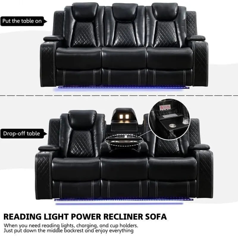 Power Reclining Sofa with Wireless Charger,Reading Light for Living Room,Faux Leather LED Light,AC/USB Port,Cup Holder,Black