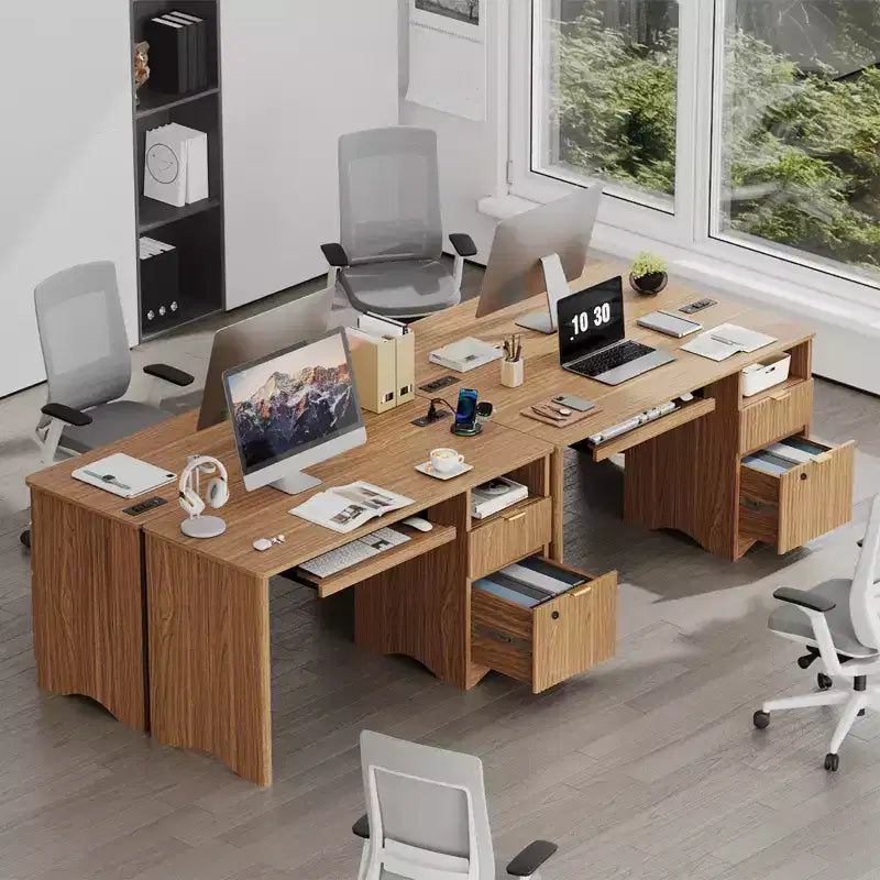 Bestier 55 Smart Computer Desk, Oak Writing Desk with File Drawers and Power Outlet, Executive Office Desk with Open Storage and Keyboard Tray