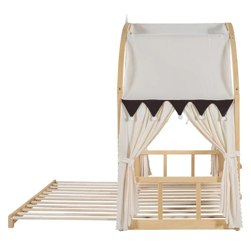 Solid Wood Playhouse Platform Bed Floor Montessori Bed Frame with Arched Roof and Trundle for Girls and Boys