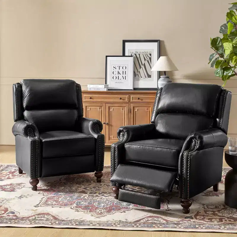 Set of 2 Elisabete Modern Wingback Genuine Leather Recliner with Vintage Nail Head Trim for Living Room and Bedroom| ART OF LIVING DESIGNS