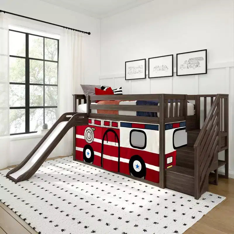 Low Twin over Twin Bunk With Stairs, Easy Slide & Firetruck Curtain