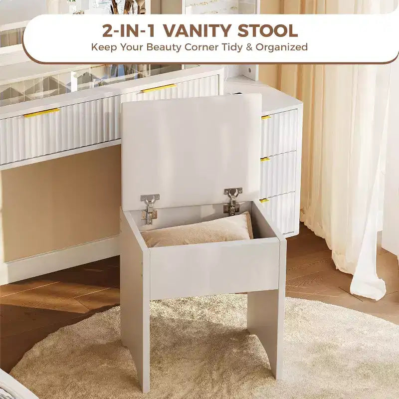 Coiffeuse de maquillage cannelée de 48 pouces avec grand miroir et lumières, coiffeuse de maquillage moderne avec station de charge et tabouret de rangement rembourré pour la maison
