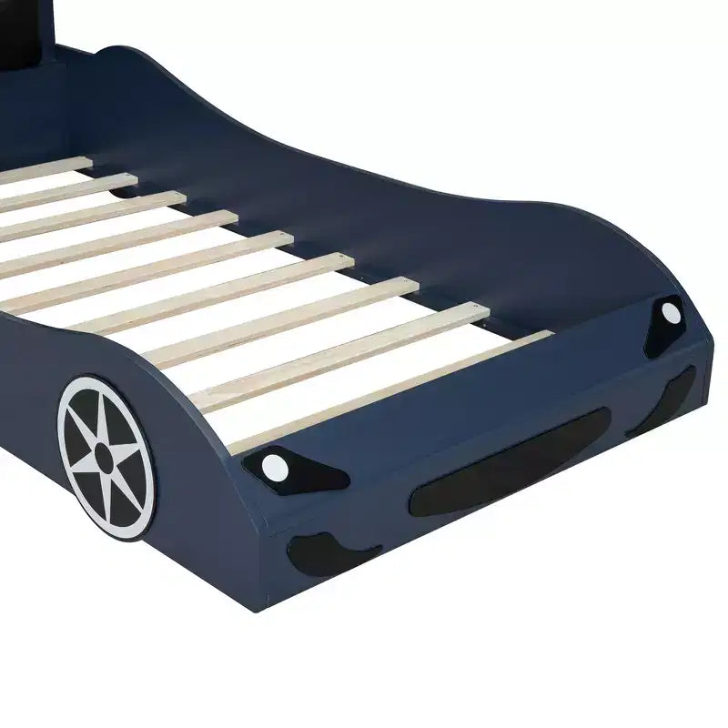 Whisen Wood Twin Size Race Car-Shaped Platform Bed with LED and Upholstered Backrest