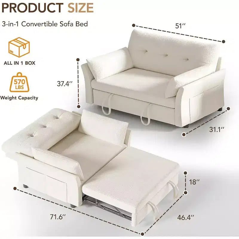 Dyonery 3-in-1 Convertible Sofa Bed, Pull Out Sleeper Sofa with Side Pocket & Adjustable Backrest, Tool-Free Assembly, Folding Loveseat