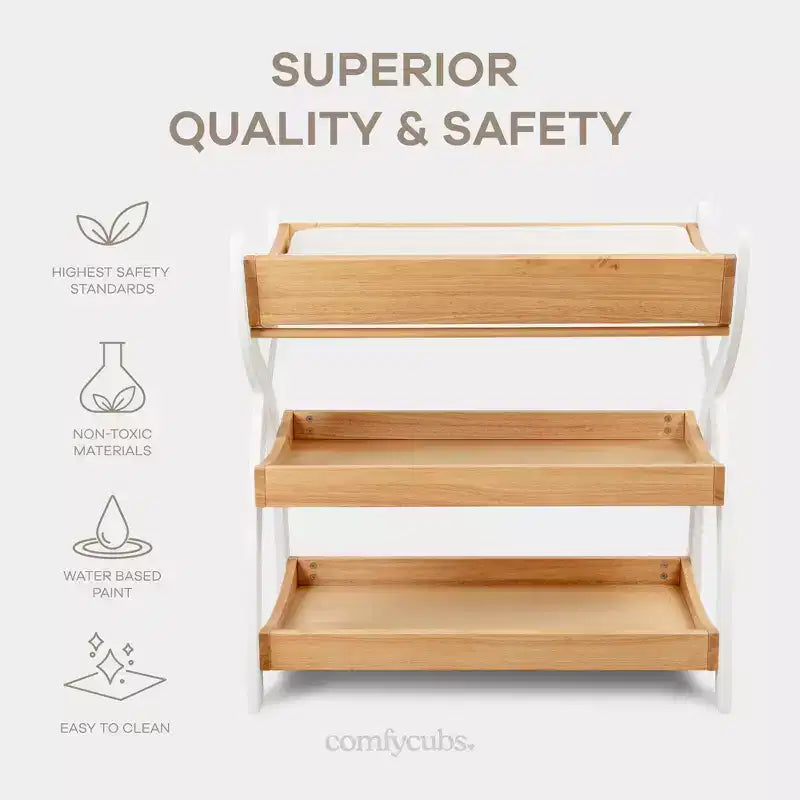Comfy Cubs Baby Changing Table - Sturdy Wood Construction, Timeless Look with Two Open Shelves for Infant Essentials