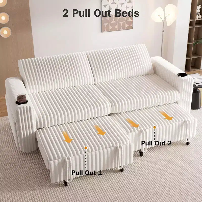 Dyonery 91 Sectional Sleeper Sofa Bed with Pull Out Bed,Reclining Backrest/Two Pull Out Beds/USB Ports/Cup Holders, Plush Corduroy