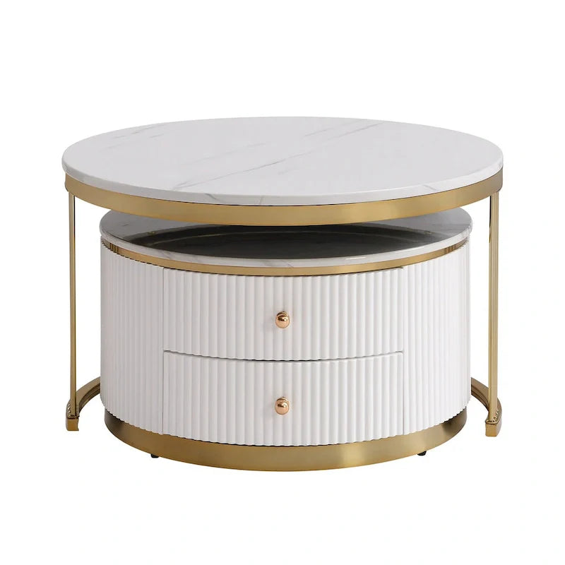 2 tables basses gigognes rondes blanches avec tiroirs