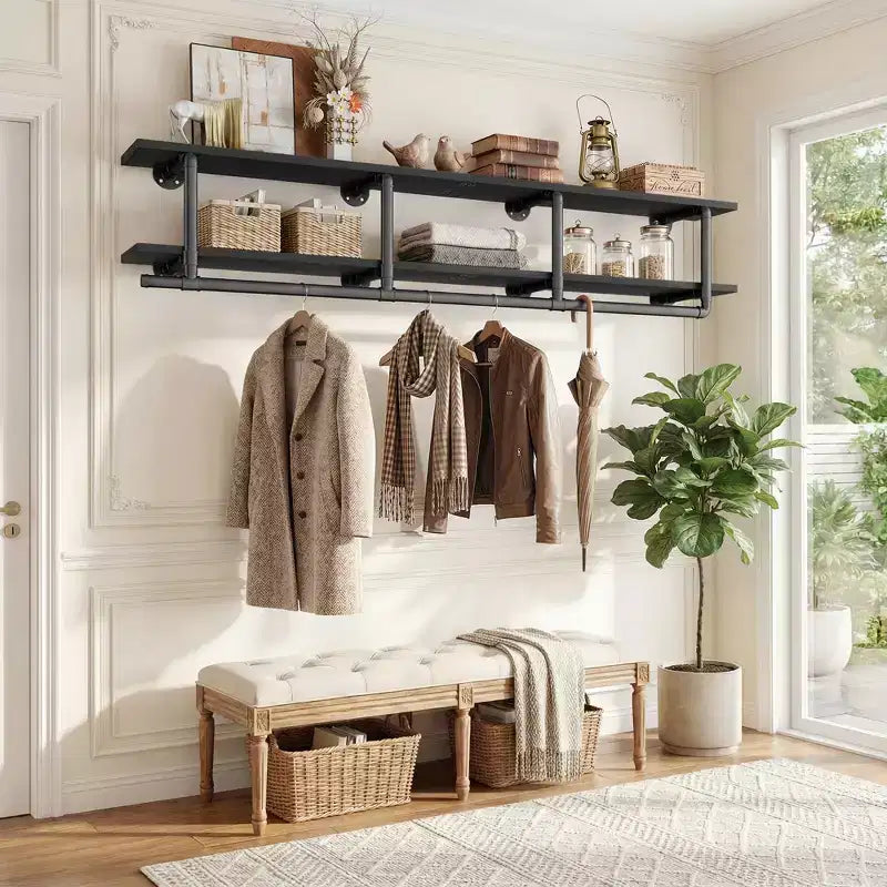 Étagère à vêtements 2 niveaux Besiost avec tringle à suspendre, étagères à vêtements avec étagère supérieure
