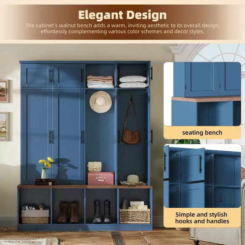 The Misty Moon Farmhouse Blue Hall Tree with 4 Hidden Hanging Hooks and Versatile Walnut Seating Bench with 8 Doors